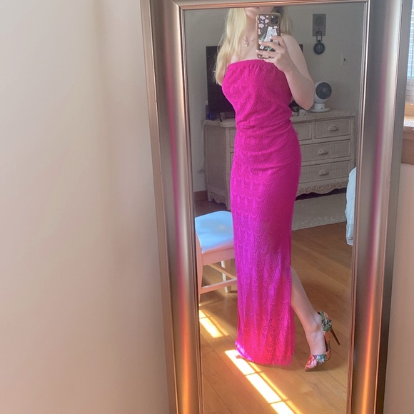 LILLY PULITZER EMMETT MAXI STRAPLESS DRESS PINK KNIT LACE MAGENTA WOMENS SIZE XS - Picture 1 of 6